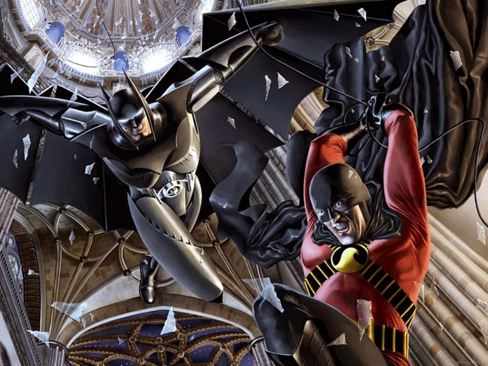 Batman and Robin in a cathedral