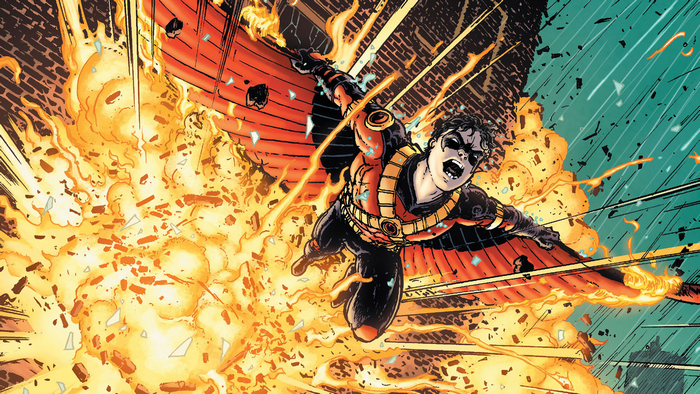 Red Robin flying through an explosion