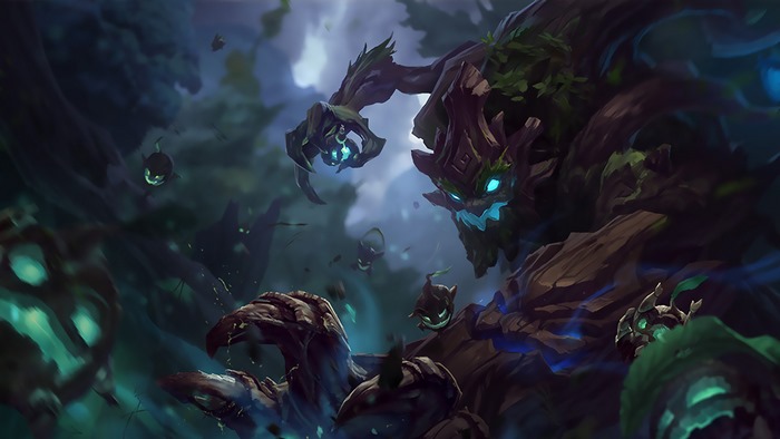 Maokai from League of Legends in a dark forest