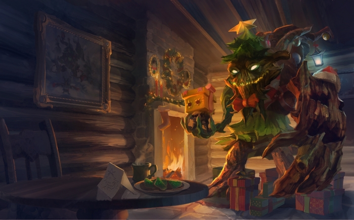 Maokai from League of Legends in a Christmas-themed cabin