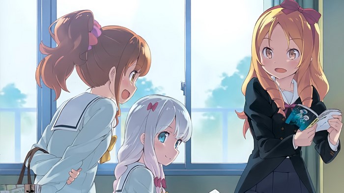 Three anime girls by a window