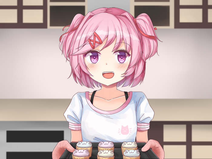 Natsuki from Doki Doki Literature Club! holding cupcakes