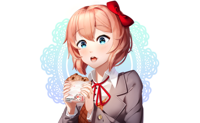 Sayori from Doki Doki Literature Club! holding a cookie