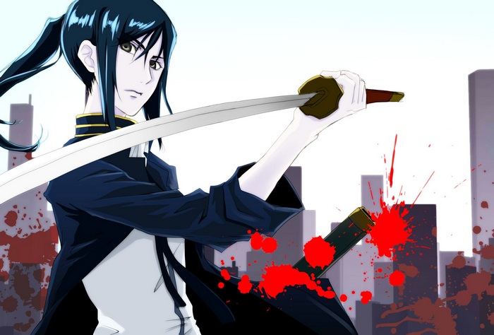 Kuroh Yatogami with a katana and blood splatters