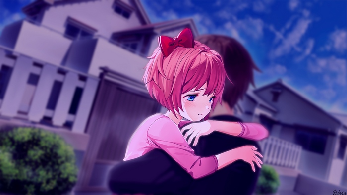 Sayori Hugging Someone with a Sad Expression