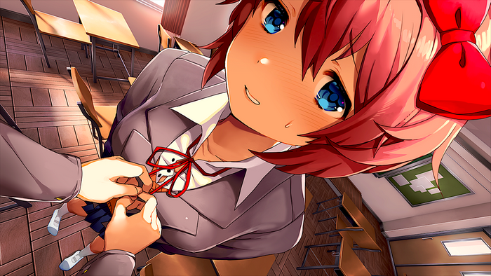 Sayori from Doki Doki Literature Club! in a classroom