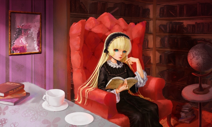 Victorique de Blois reading in a library