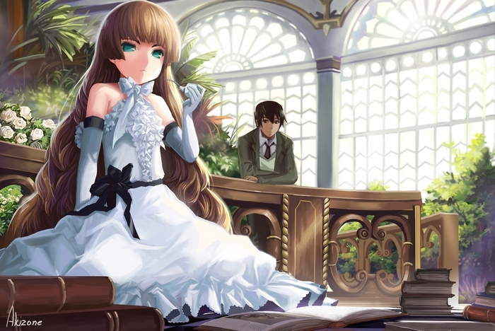 Victorique de Blois in a white dress with a man in the background