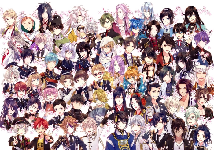 Group of anime boys with cherry blossoms
