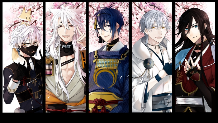 Five anime men with cherry blossoms