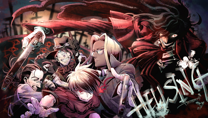 Hellsing characters Alucard, Seras Victoria, Walter, and Pip