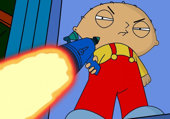 Stewie Griffin firing a ray gun