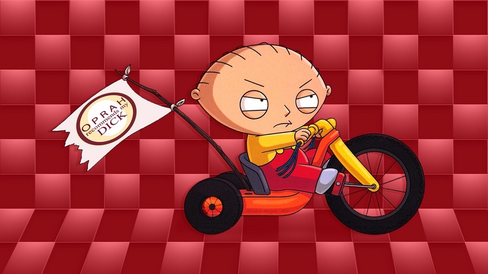 Stewie Griffin on a Big Wheel with a flag