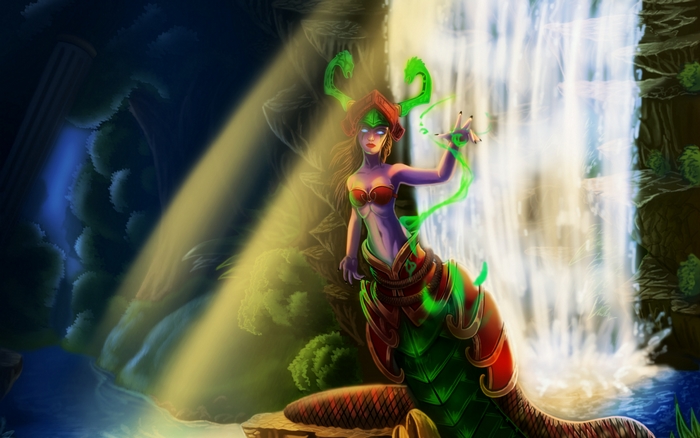 Cassiopeia from League of Legends by a waterfall