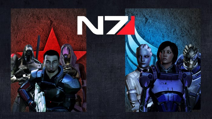 Mass Effect N7 characters red and blue split