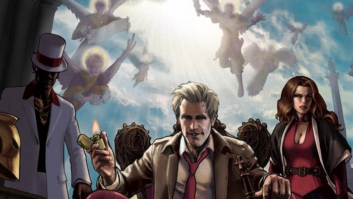 John Constantine and allies with angels in the background