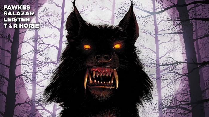 Werewolf in a forest with names Fawkes, Salazar, Leisten, T & R Horie