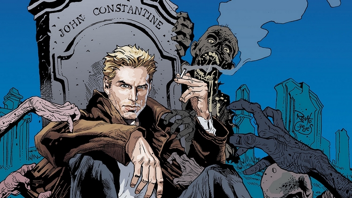 John Constantine sitting by his tombstone with zombies