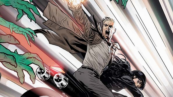 John Constantine from DC Comics on a motorcycle