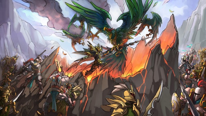 Jarvan IV from League of Legends fighting large birds