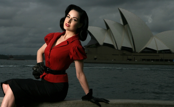 Dita Von Teese in front of Sydney Opera House