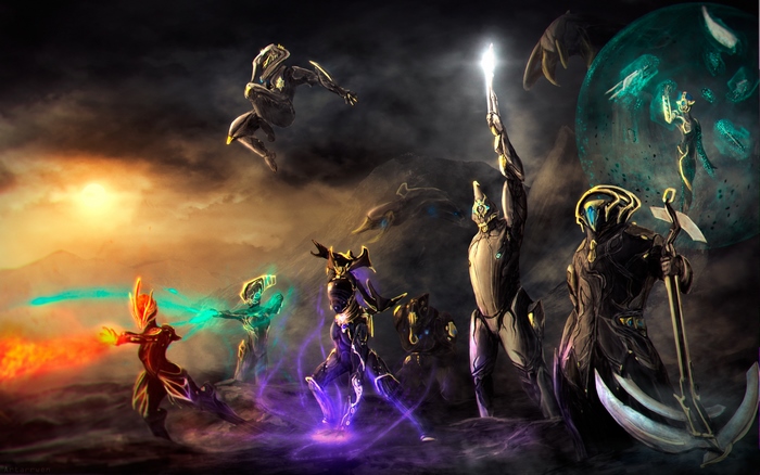 Excalibur and other Warframe characters in a battle scene