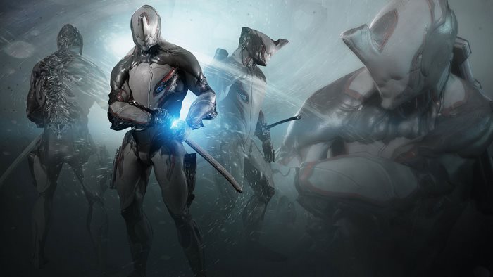Excalibur Warframe characters with glowing swords
