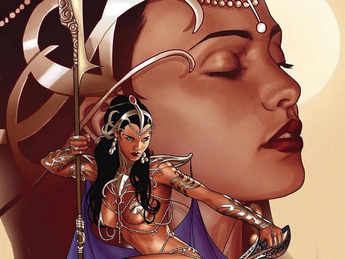 Dejah Thoris with a spear and sword