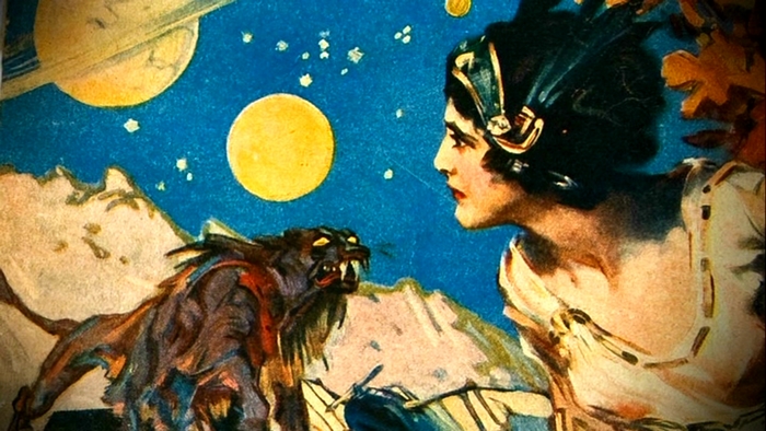 Dejah Thoris and a creature on an alien planet