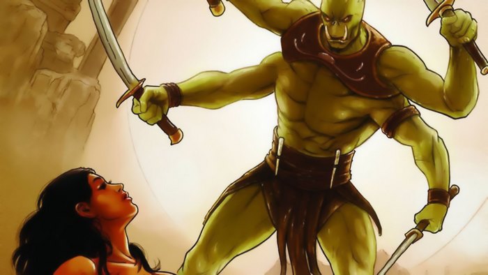 Dejah Thoris fighting a four-armed alien with swords