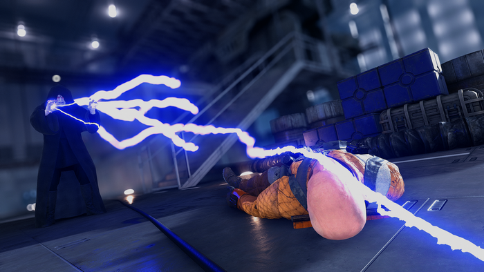Emperor Palpatine using Force Lightning on a downed opponent