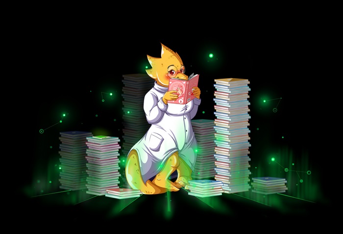 Alphys from Undertale reading a book