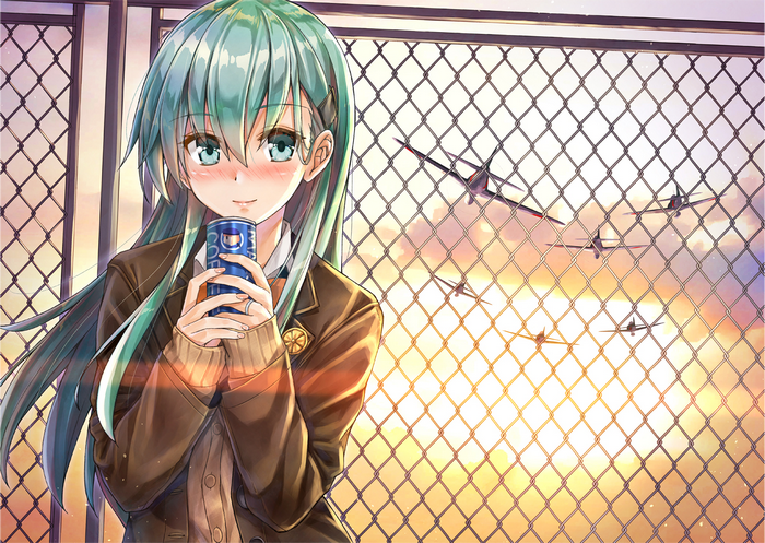 Suzuya from Kancolle holding a drink with planes in the background