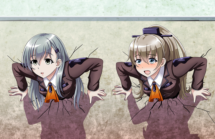 Two girls breaking through a wall