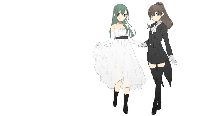 Two anime girls, one in a white dress, one in a tuxedo