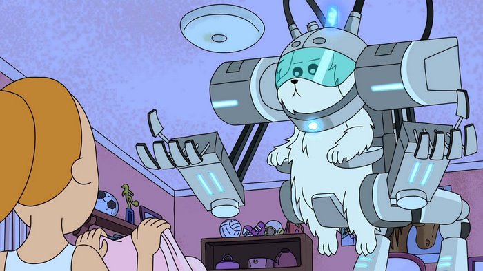 Summer Smith with a dog in a robot suit