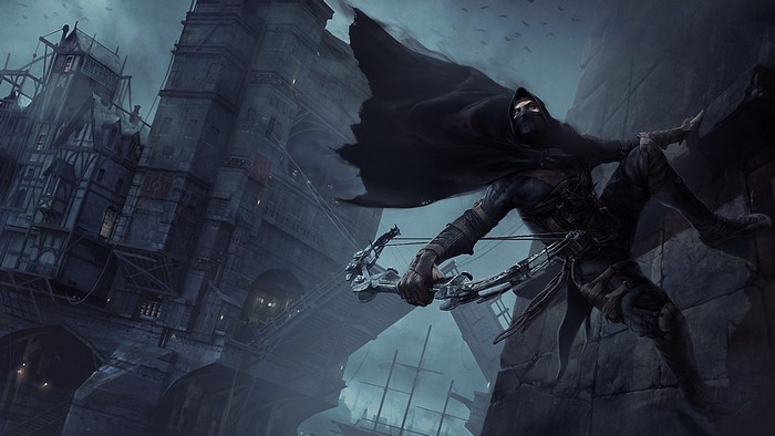 Garrett from Thief climbing on a building