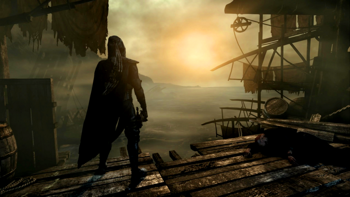 Garrett from Thief standing on a dock
