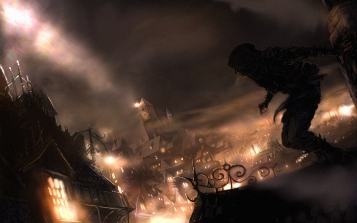 Garrett from Thief jumping across rooftops