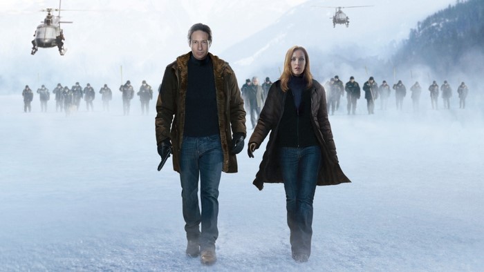 Fox Mulder and Dana Scully in a snowy landscape
