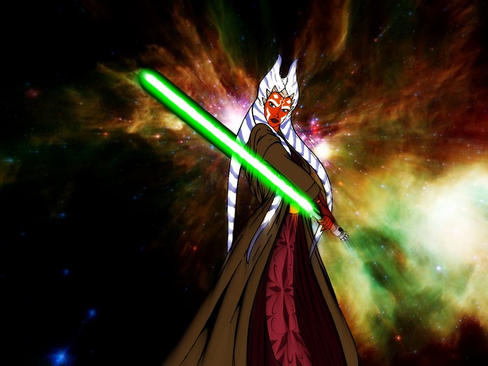 Ahsoka Tano from Star Wars with a green lightsaber