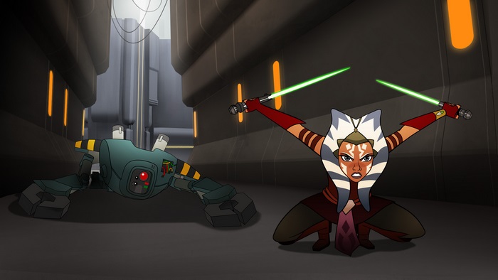 Ahsoka Tano from Star Wars with a droid