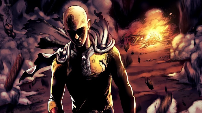 Saitama from One-Punch Man in a destroyed landscape