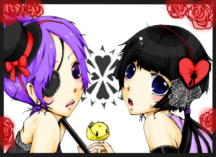 Two anime girls with a duck toy