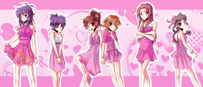 Six girls in pink dresses