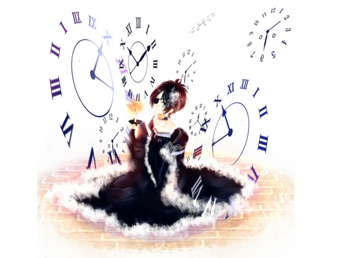 Girl with candle surrounded by clocks