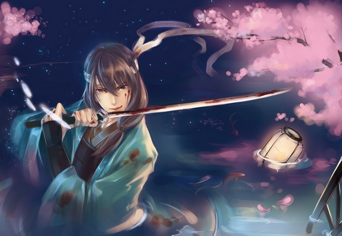 Bloody warrior with katana under cherry blossoms