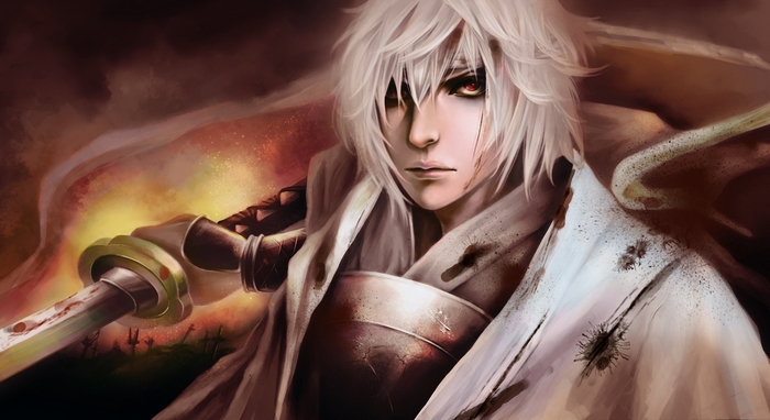 Anime man with white hair and sword