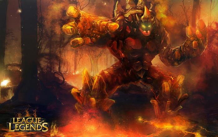 Malphite from League of Legends in a fiery forest