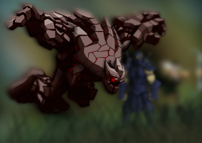 Malphite from League of Legends fighting a knight